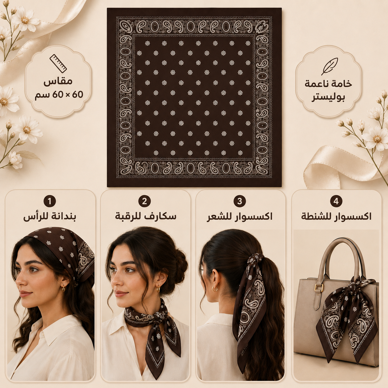 سكارف نسائي مربع من الستان الناعم للرأس والرقبة مقاس 60 × 60 سم