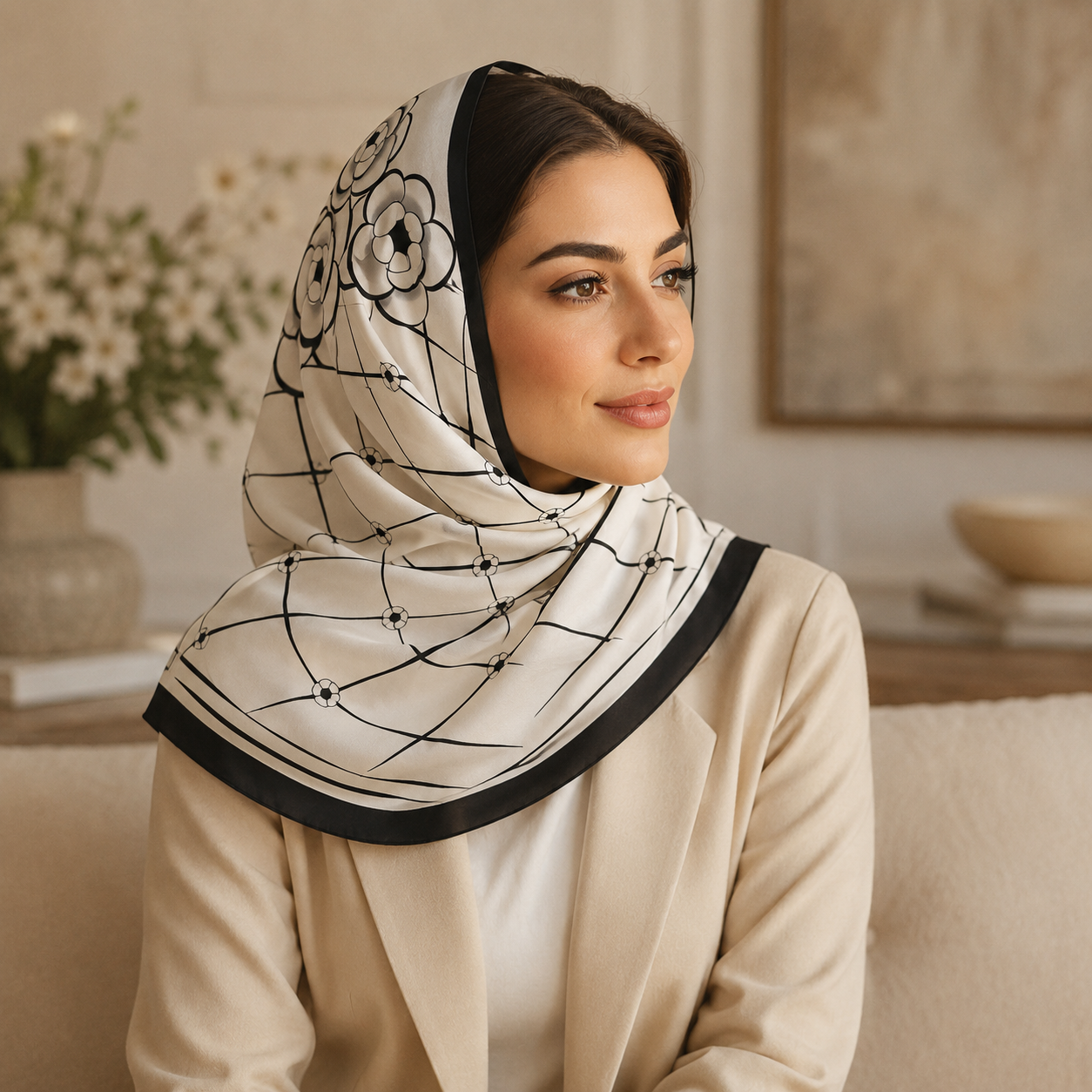 سكارف نسائي مربع من الستان الناعم للرأس والرقبة مقاس 60 × 60 سم