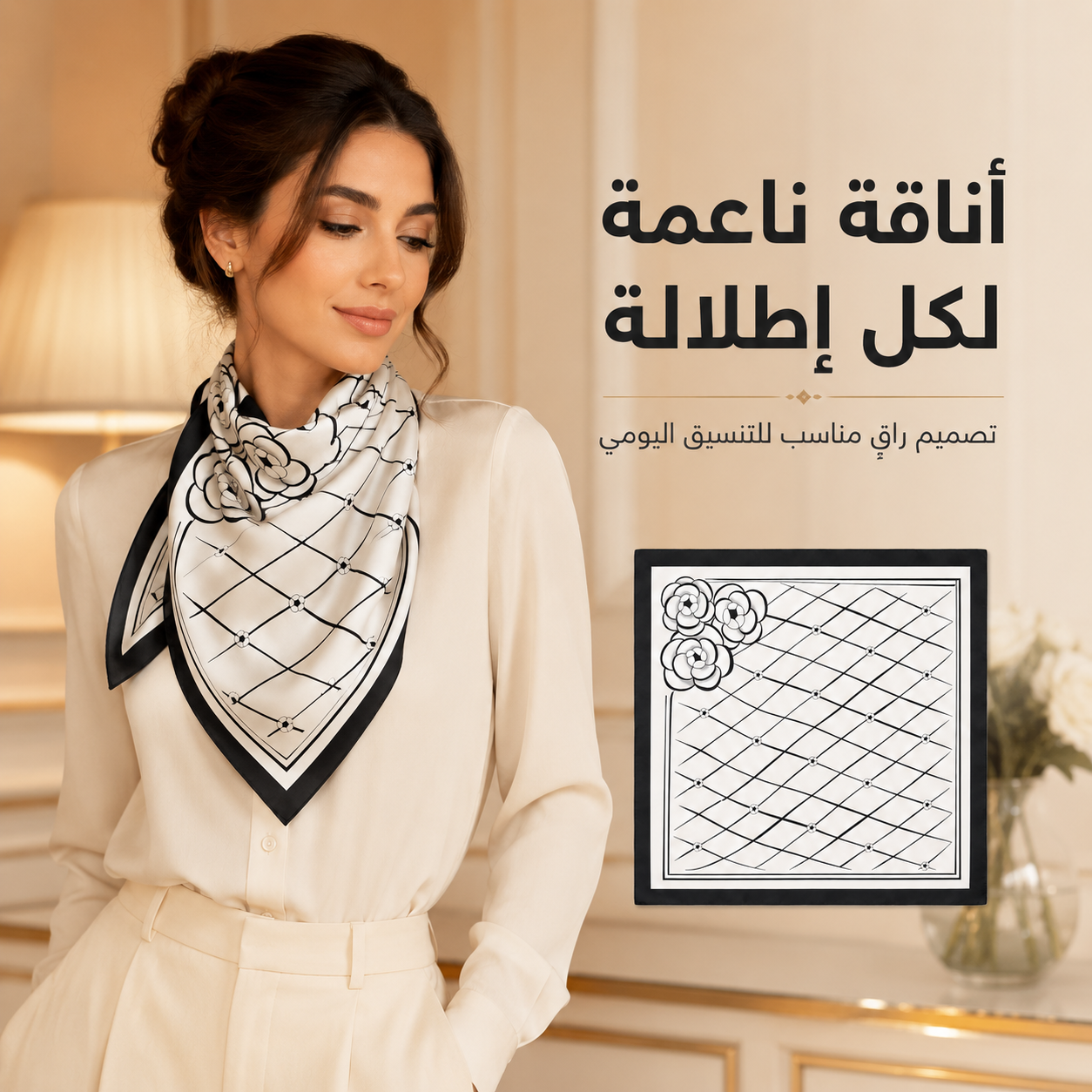سكارف نسائي مربع من الستان الناعم للرأس والرقبة مقاس 60 × 60 سم