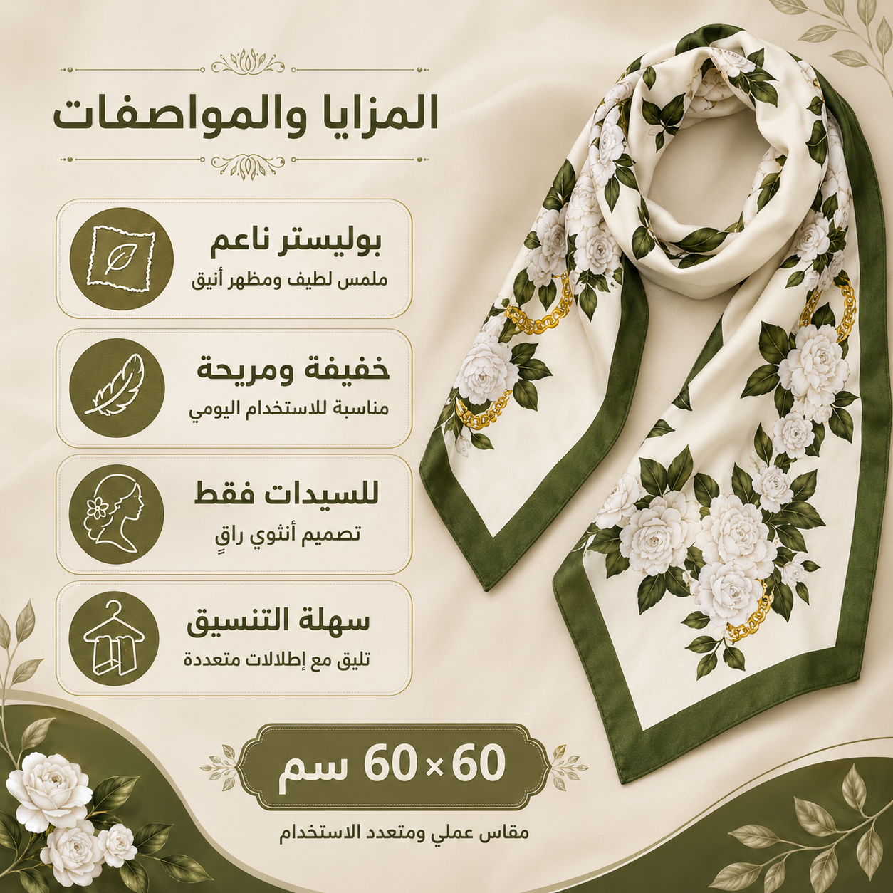 سكارف نسائي مربع من الستان الناعم للرأس والرقبة مقاس 60 × 60 سم