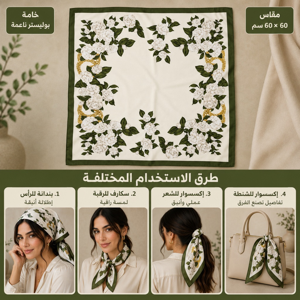 سكارف نسائي مربع من الستان الناعم للرأس والرقبة مقاس 60 × 60 سم