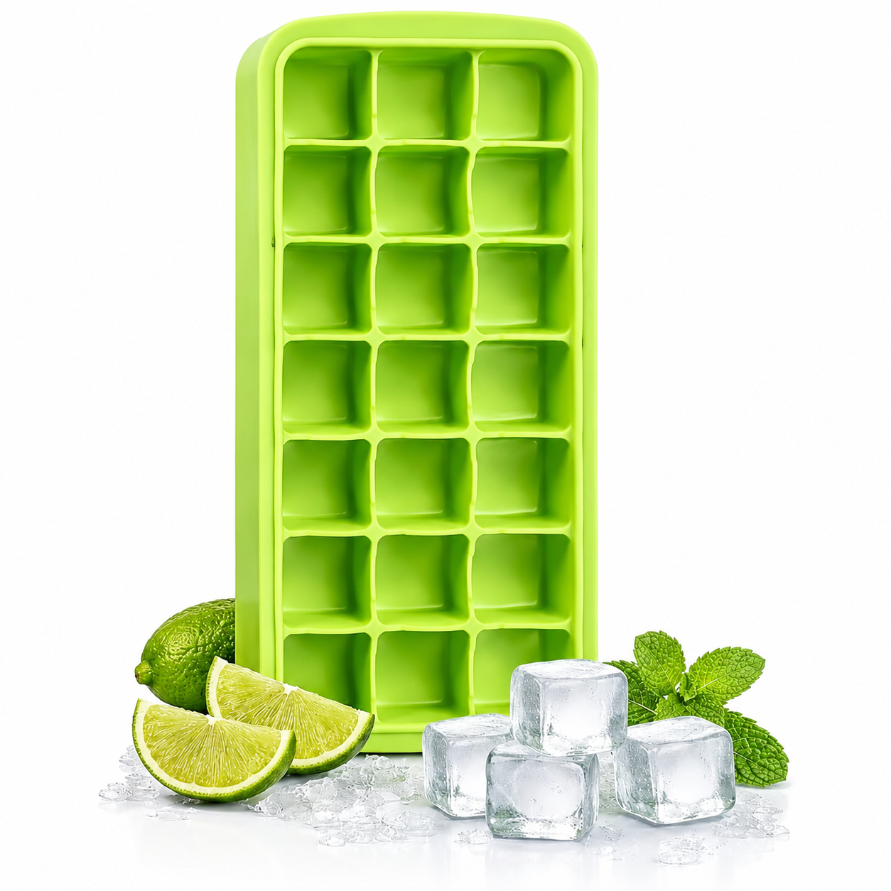7AGAT flexible silicone ice cube mold with 24 compartments, food-grade material, ideal for drinks, juices, and desserts.