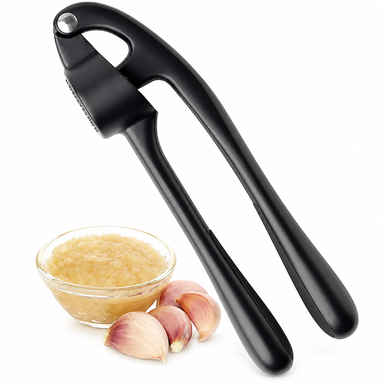 Garlic Press, Heavy-Duty Metal with ABS Handle, Ergonomic Non-Slip Grip, Manual Mincer for Sauces, Marinades and Dressings, Black