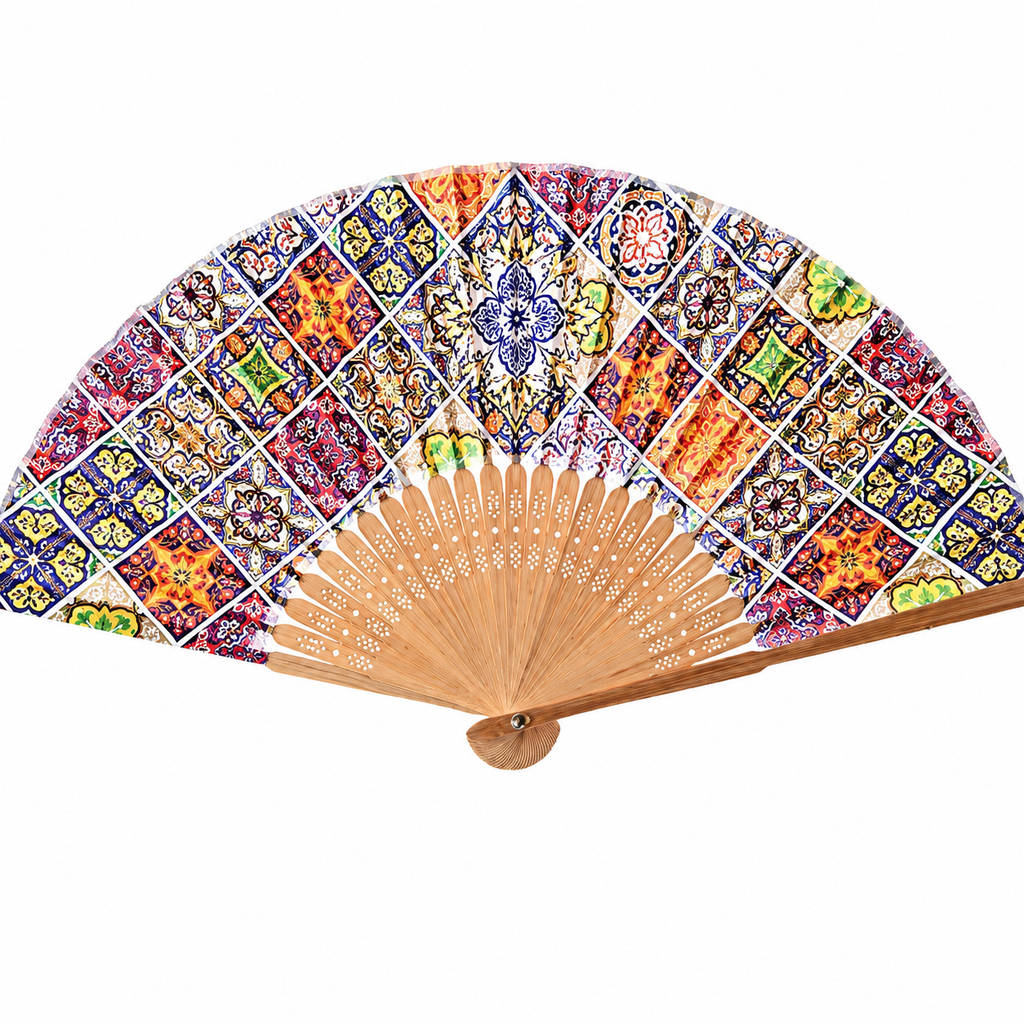 Bamboo hand fan with printed pattern, folding design, suitable for parties and weddings, by 7AGAT, featuring glazed tile accents.