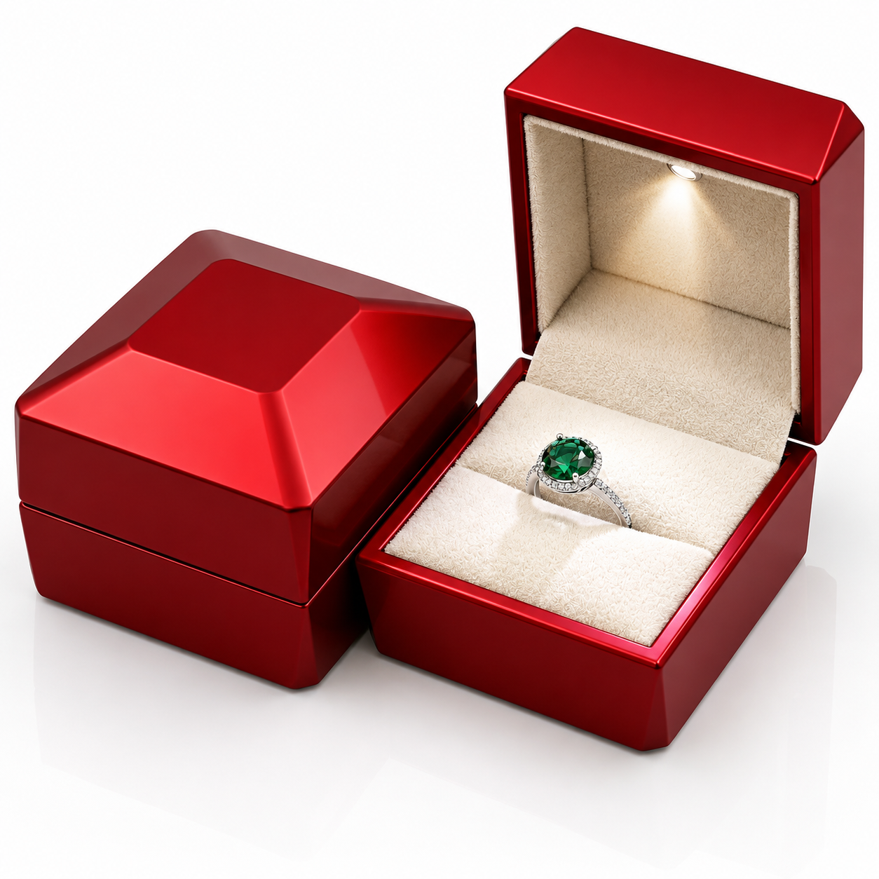 Luxury arc-shaped LED jewelry ring box by 7AGAT with light for proposals, weddings, and engagements, suitable for men and women.