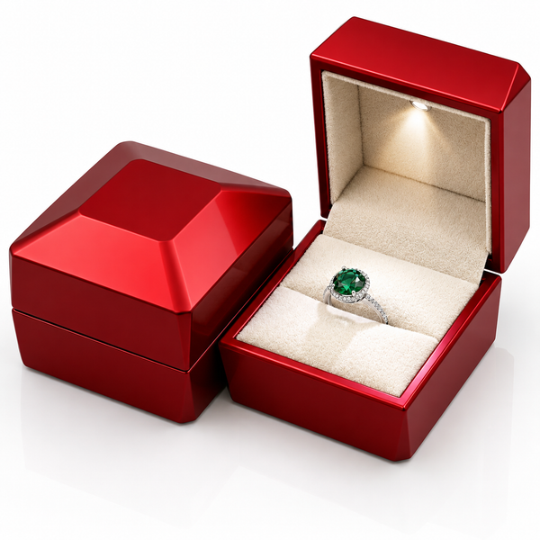 Luxury arc-shaped LED jewelry ring box by 7AGAT with light for proposals, weddings, and engagements, suitable for men and women.