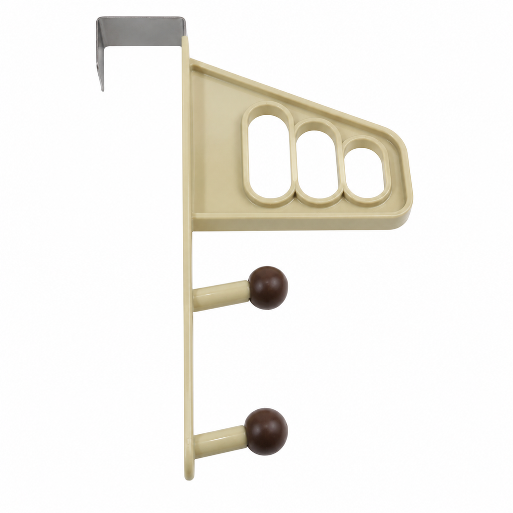 7AGAT over-the-door organizer rack with storage shelf and hooks, holding clothes, keys, and accessories in a home entryway.