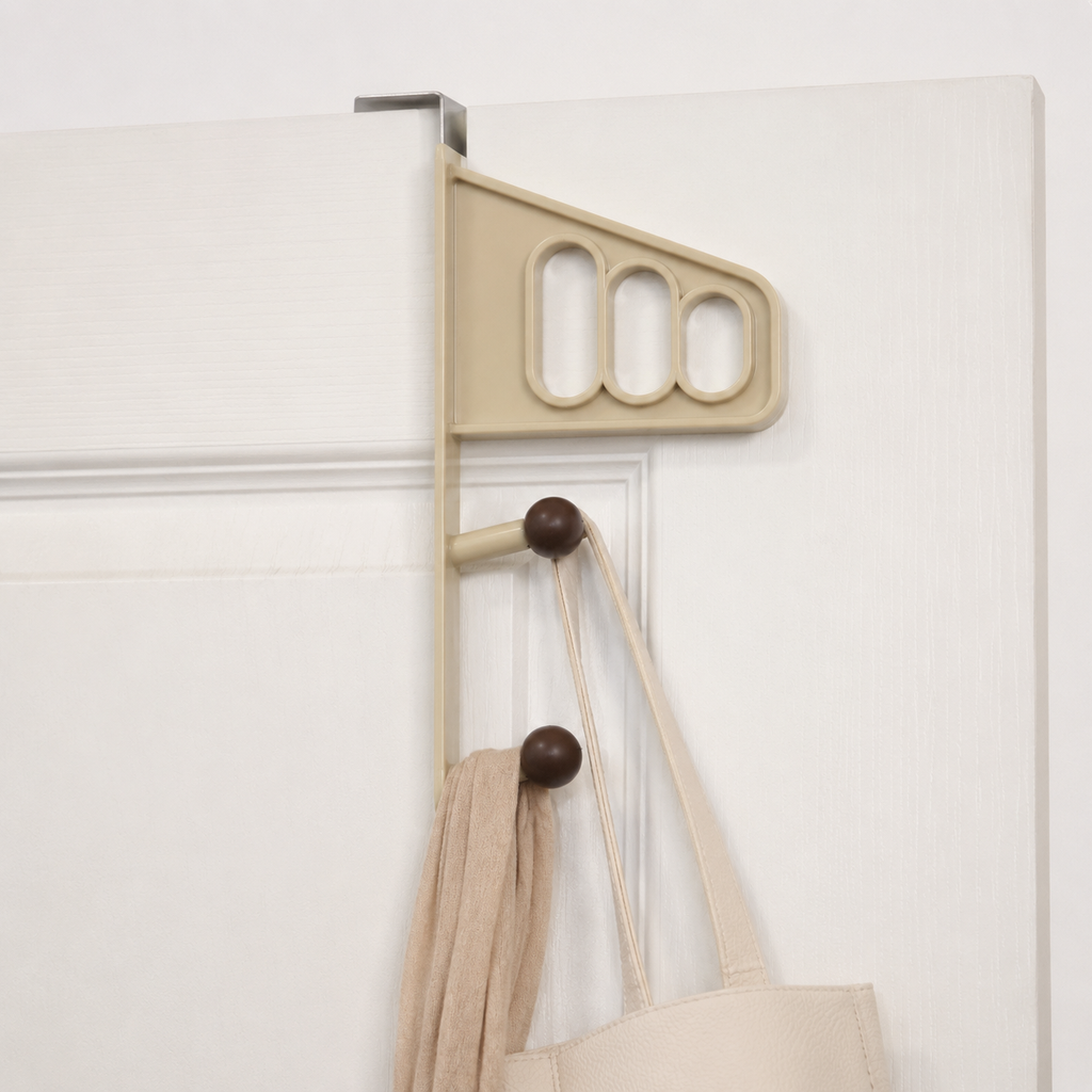 7AGAT over-the-door organizer rack with storage shelf and hooks, used for hanging clothes, keys, and accessories.