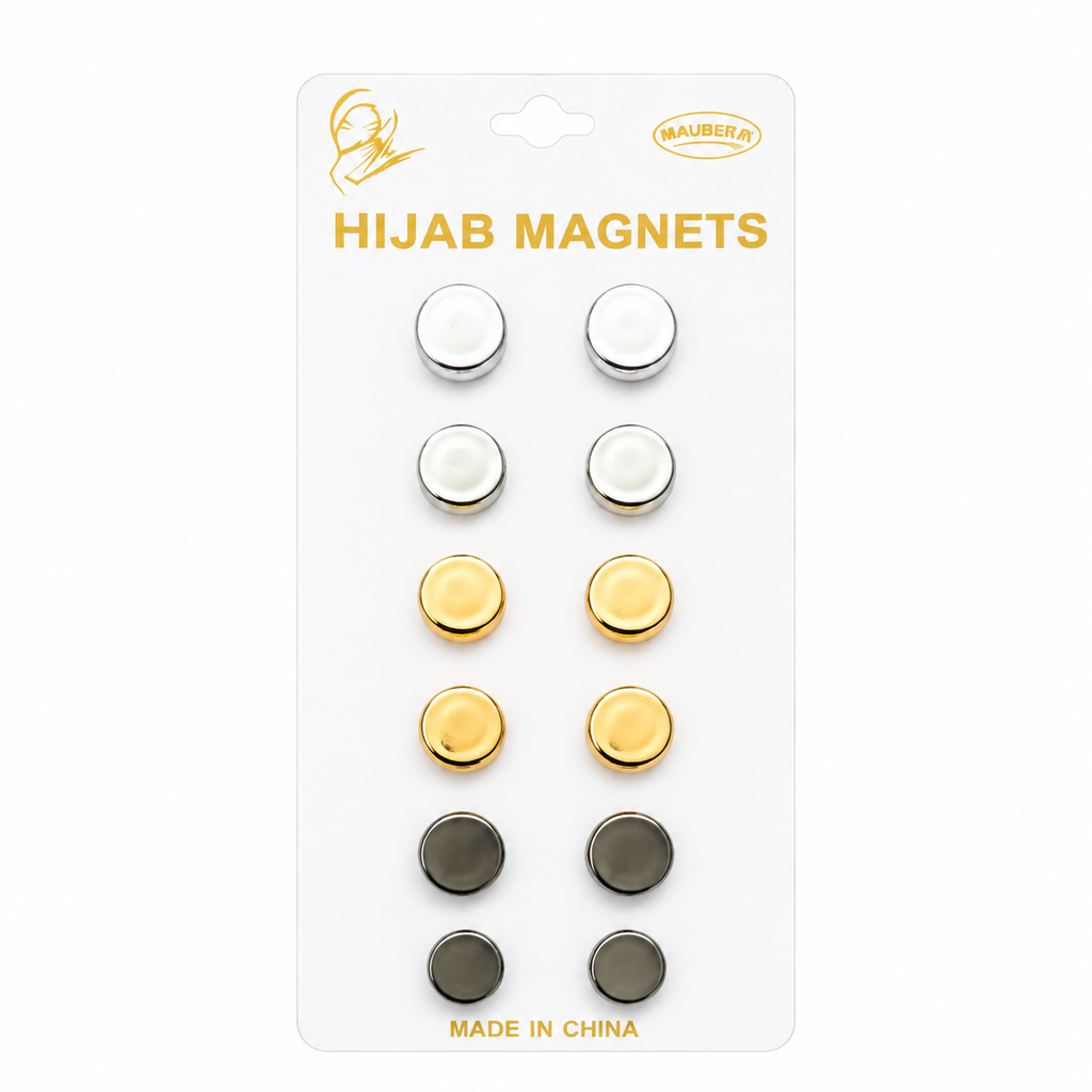 Six pairs of 7AGAT No-Snag Magnetic Hijab Pins with fabric-safe scarf magnets for secure, gentle hijab fastening.