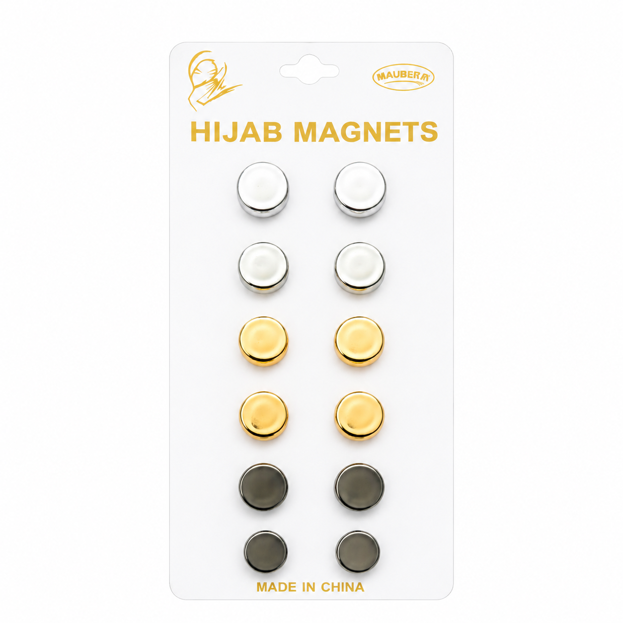 Six pairs of 7AGAT No-Snag Magnetic Hijab Pins with fabric-safe scarf magnets for secure, gentle hijab fastening.