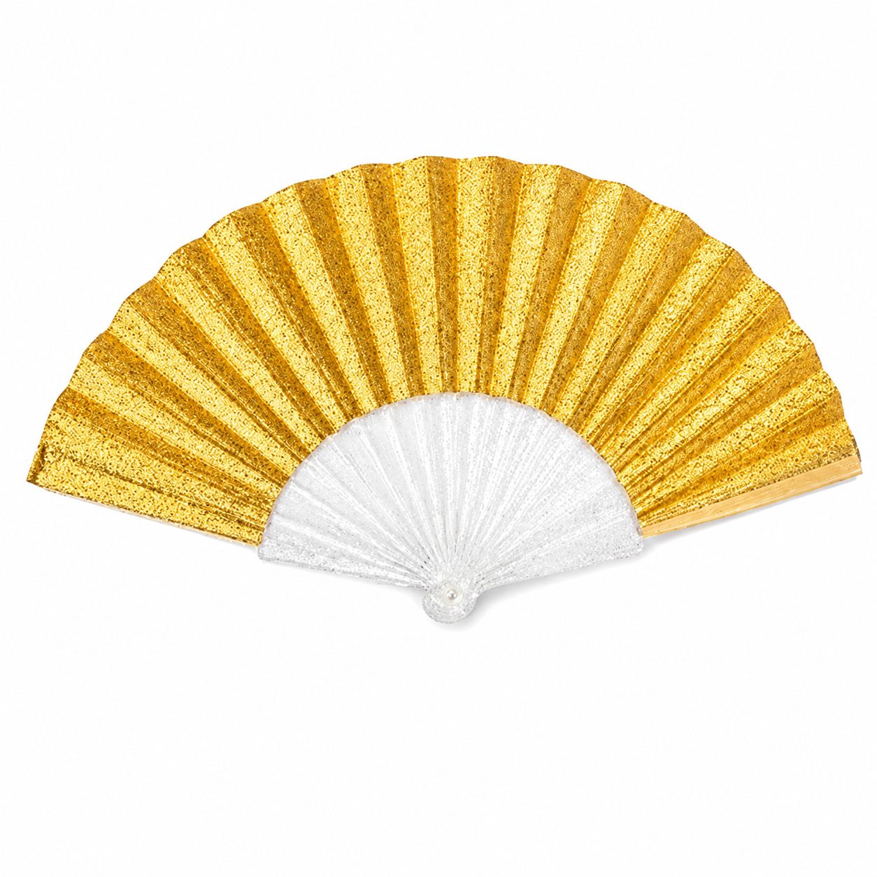 Elegant gold glitter folding hand fan with multi-color design, lightweight and portable for parties and weddings by 7AGAT.