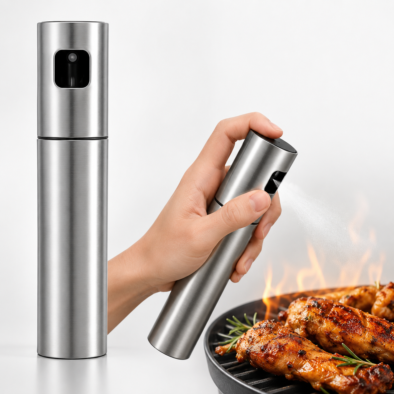 Stainless steel and plastic oil spray bottle by 7AGAT with fine mist spray for cooking, grilling, baking, and air frying.