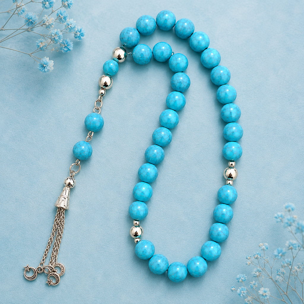 Handmade rosary with 33 turquoise acrylic beads, lightweight sky blue prayer beads by 7AGAT, handcrafted luxury prayer beads.