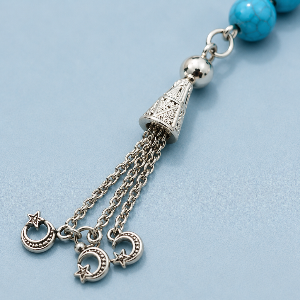 Handmade rosary by 7AGAT with 33 turquoise acrylic beads, lightweight sky blue prayer beads for meditation and prayer.
