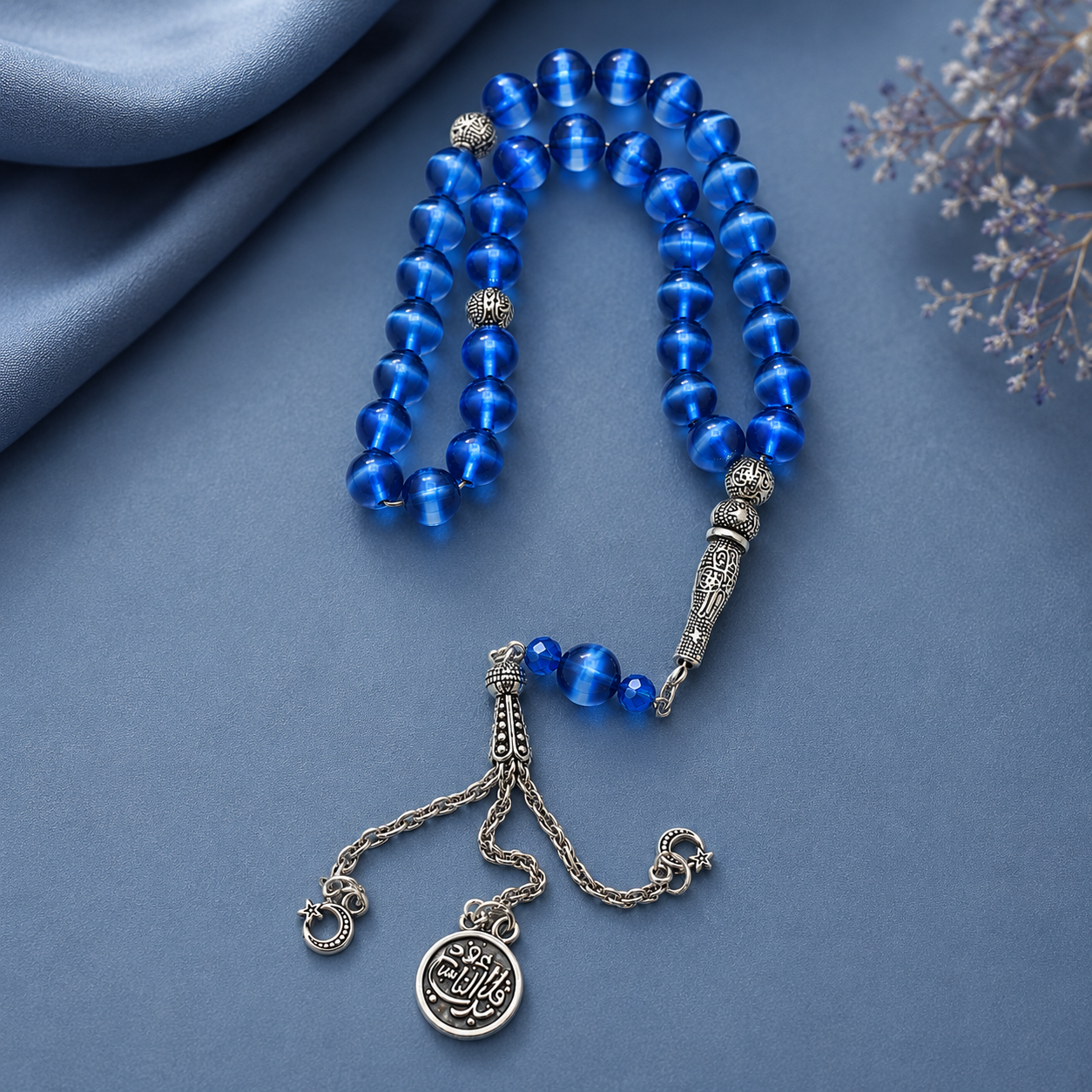 Handmade 7AGAT rosary with 33 blue cat's eye beads, 10mm shimmering prayer beads for meditation and spiritual use.