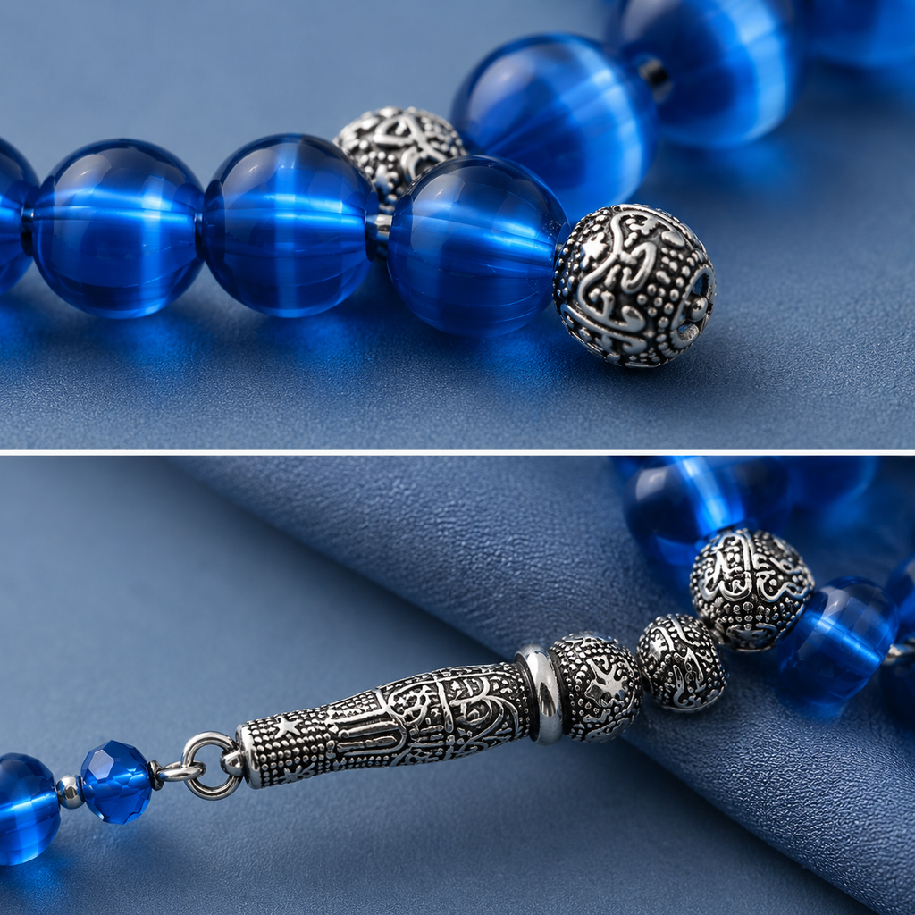 Handmade 7AGAT blue cat's eye bead rosary with 33 prayer beads, shimmering 10mm gemstone beads, handcrafted luxury prayer accessories