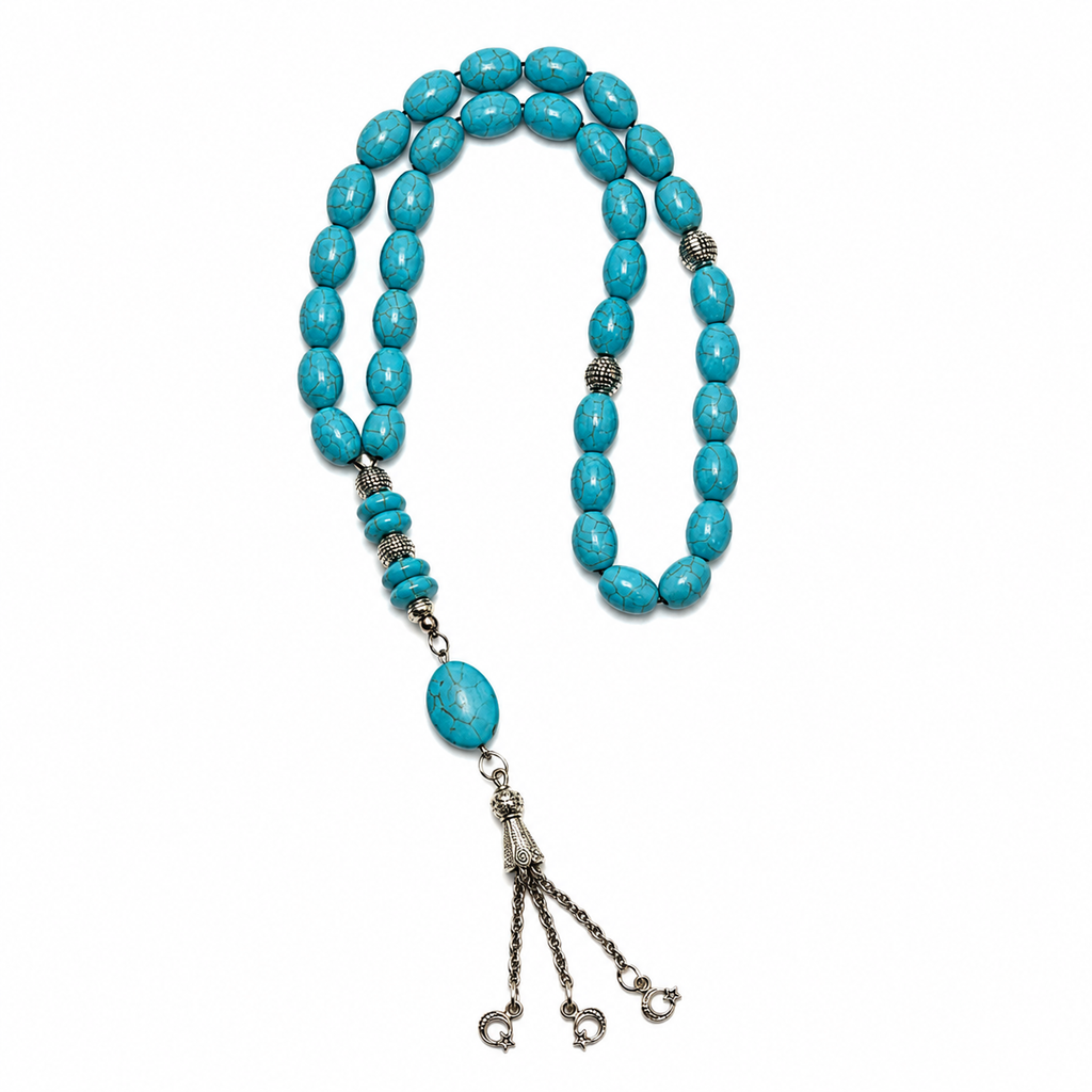 Handmade Rosary with 33 large olive-shaped turquoise beads, crafted by 7AGAT, featuring sky blue premium prayer beads.