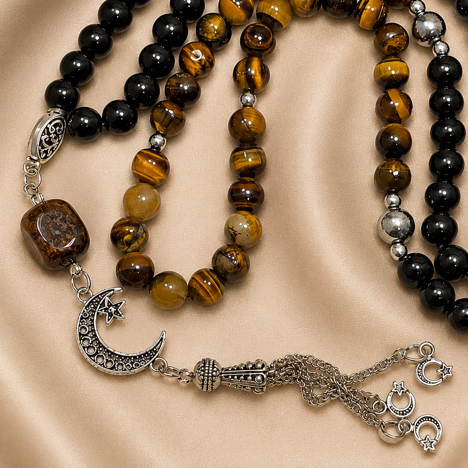 Handmade 7AGAT rosary with 99 natural tiger eye beads, separators, tassel, and luxurious prayer beads for spiritual use.