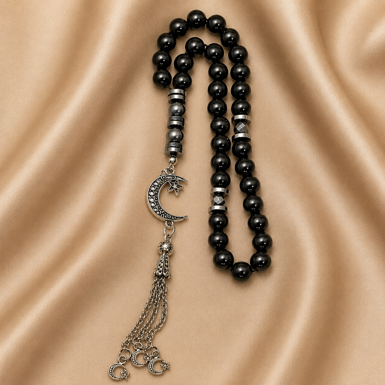 Handmade 8mm black hematite prayer beads rosary with silver separators, metal closure, and gift pouch from 7AGAT.