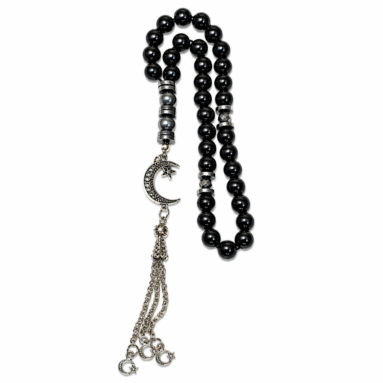 Handmade 7AGAT hematite prayer beads rosary with 8mm black stones, silver separators, metal closure, displayed in a gift pouch.