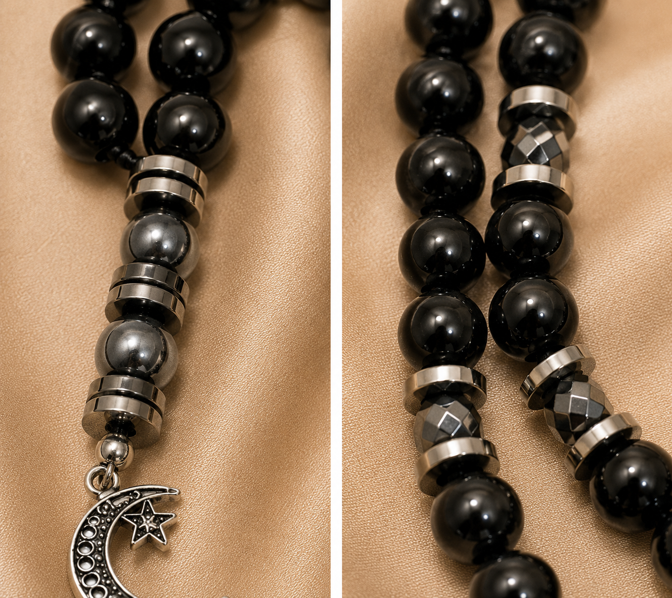 Handmade 8mm black hematite prayer beads rosary with silver separators, metal closure, displayed with gift pouch.