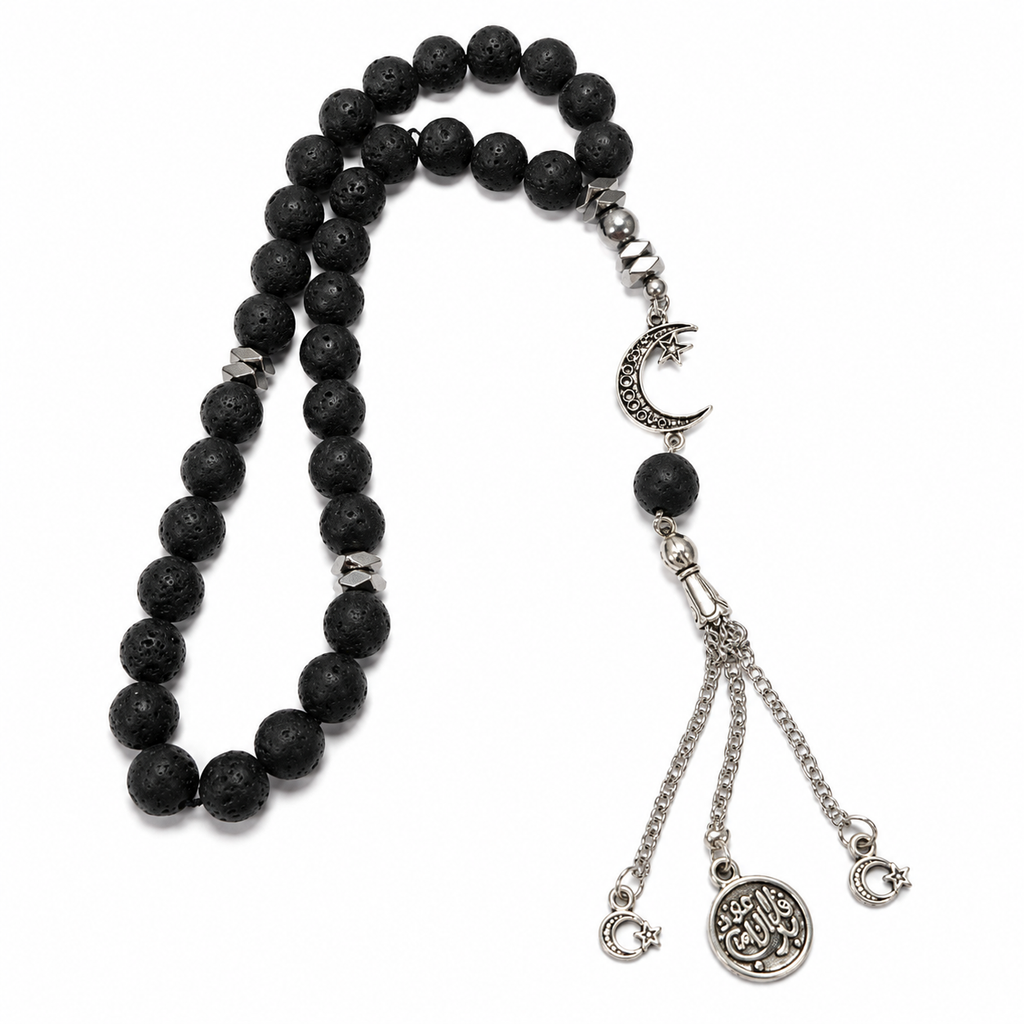 Handmade 33-bead Islamic tasbih prayer beads with 10mm stones, shown with burlap storage bag, by 7AGAT.