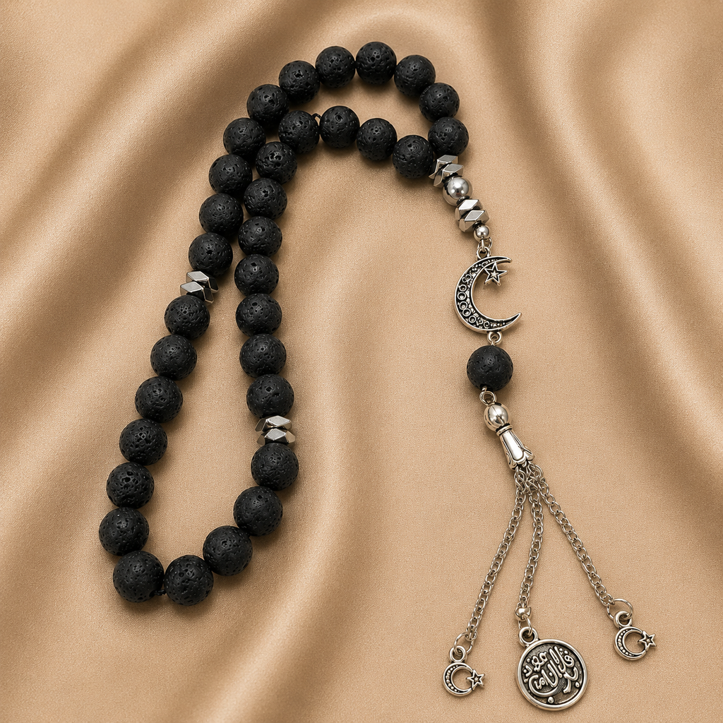 Handmade 33-bead Islamic rosary prayer beads by 7AGAT, featuring 10mm beads and a burlap bag for carrying.