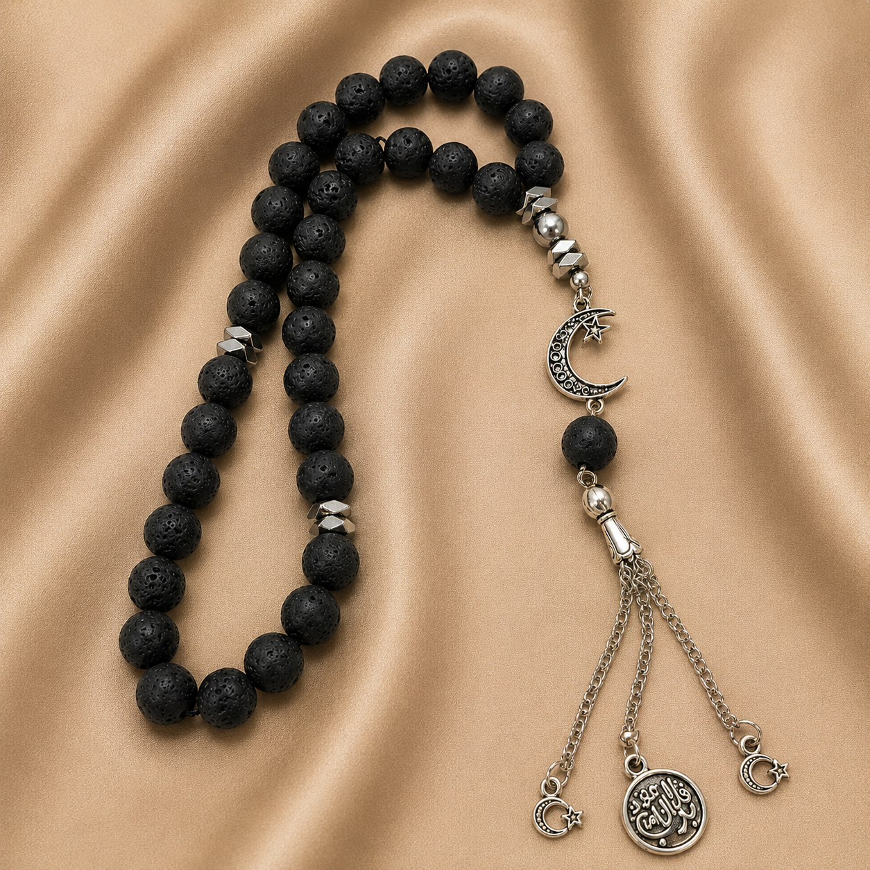 Handmade 33-bead Islamic rosary prayer beads by 7AGAT, featuring 10mm beads and a burlap bag for carrying.