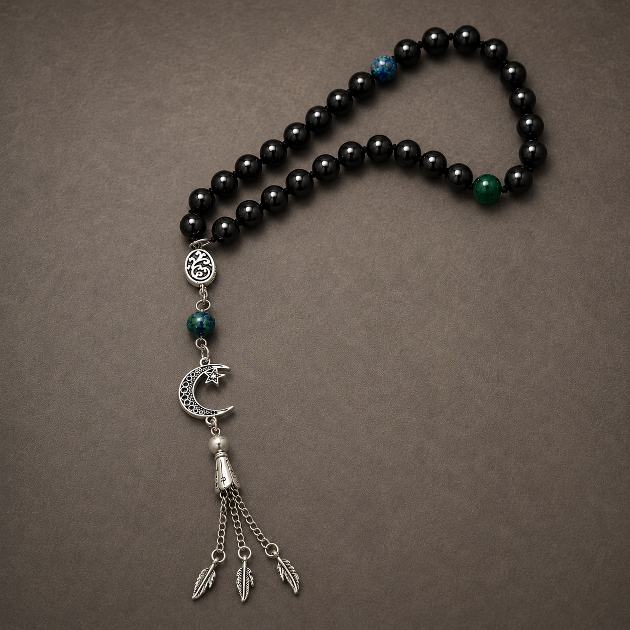 Handmade rosary with agate and natural stones for meditation and prayer, featuring 7AGAT branding and intricate bead details.