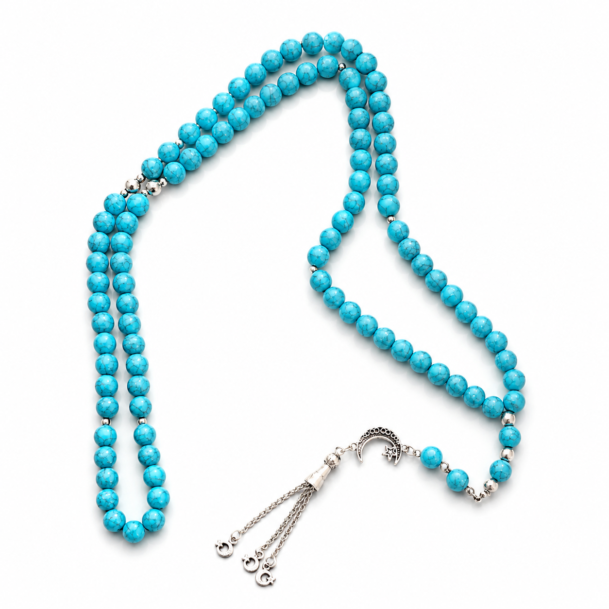 Handmade 7AGAT rosary with fayrouz clerk beads and metal separators, perfect for meditation and positivity, shown in a gift bag.