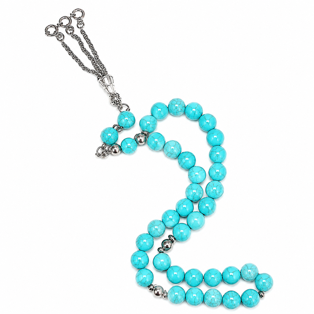 Handmade rosary by 7AGAT with fayrouz clerk beads and metal separators, suitable for meditation and positivity, in a gift bag.