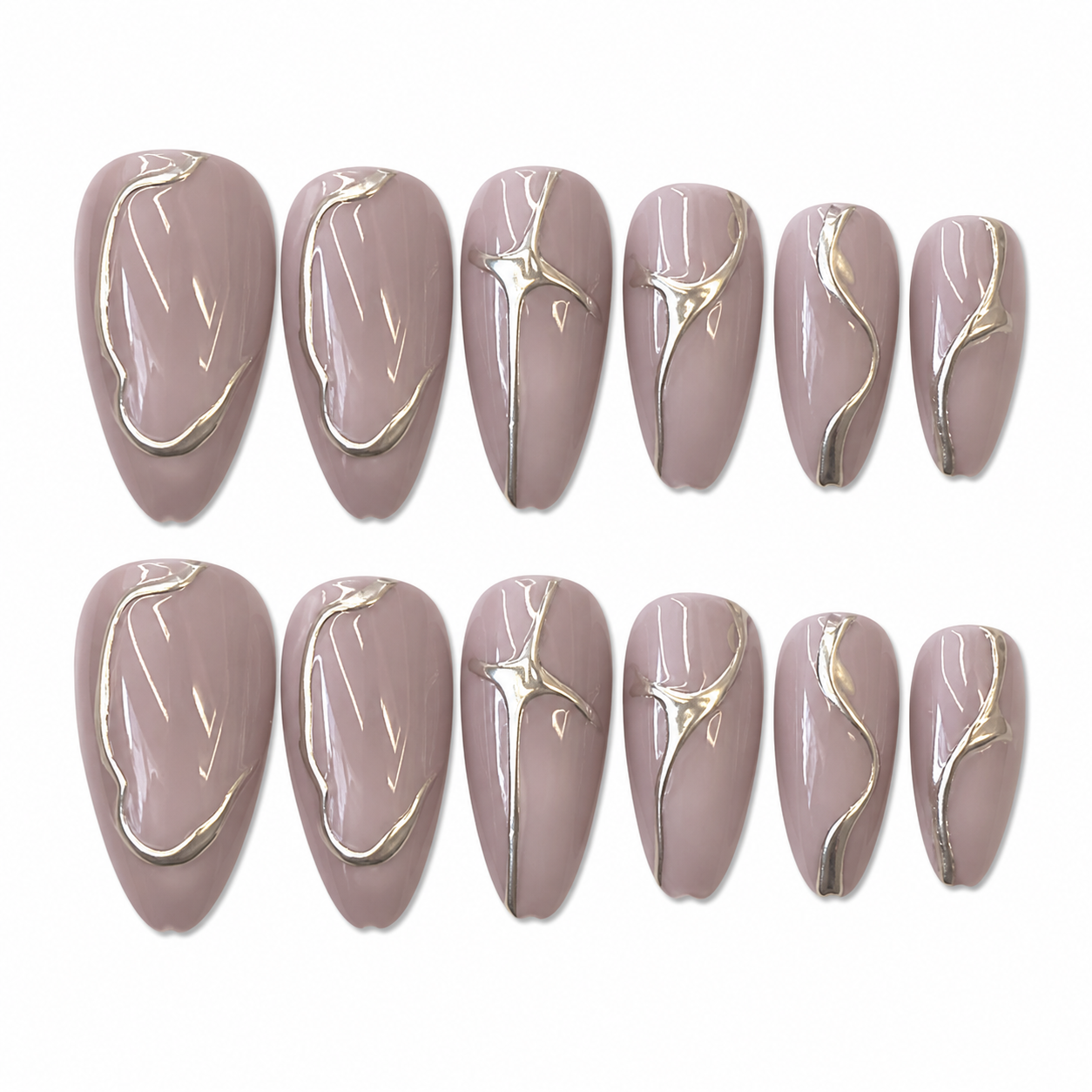 Set of 12 glossy almond-shaped press-on nails with silver line accents by 7AGAT, reusable luxury fake nails for daily and special occasions.
