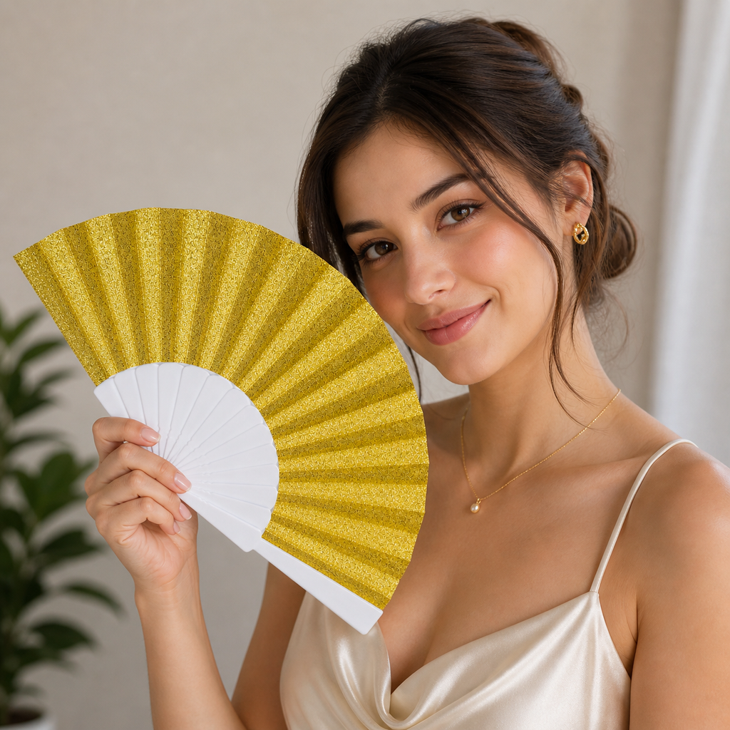 Elegant glitter folding hand fan by 7AGAT with sparkle design, lightweight and portable, perfect for parties and weddings.