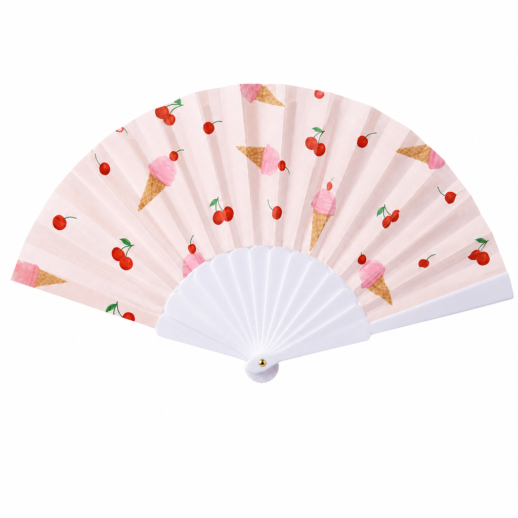 Portable lightweight folding hand fan with cherry blossom design, handle, perfect for parties, weddings, travel, and daily use.