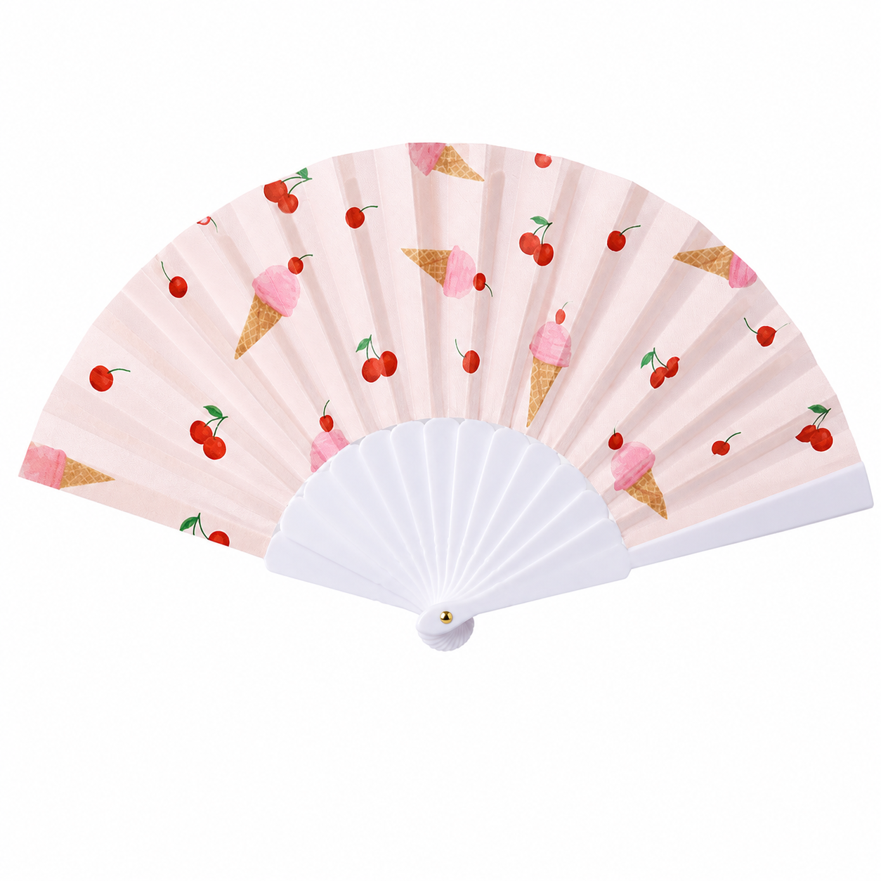 Portable lightweight folding hand fan with cherry blossom design, handle, perfect for parties, weddings, travel, and daily use.