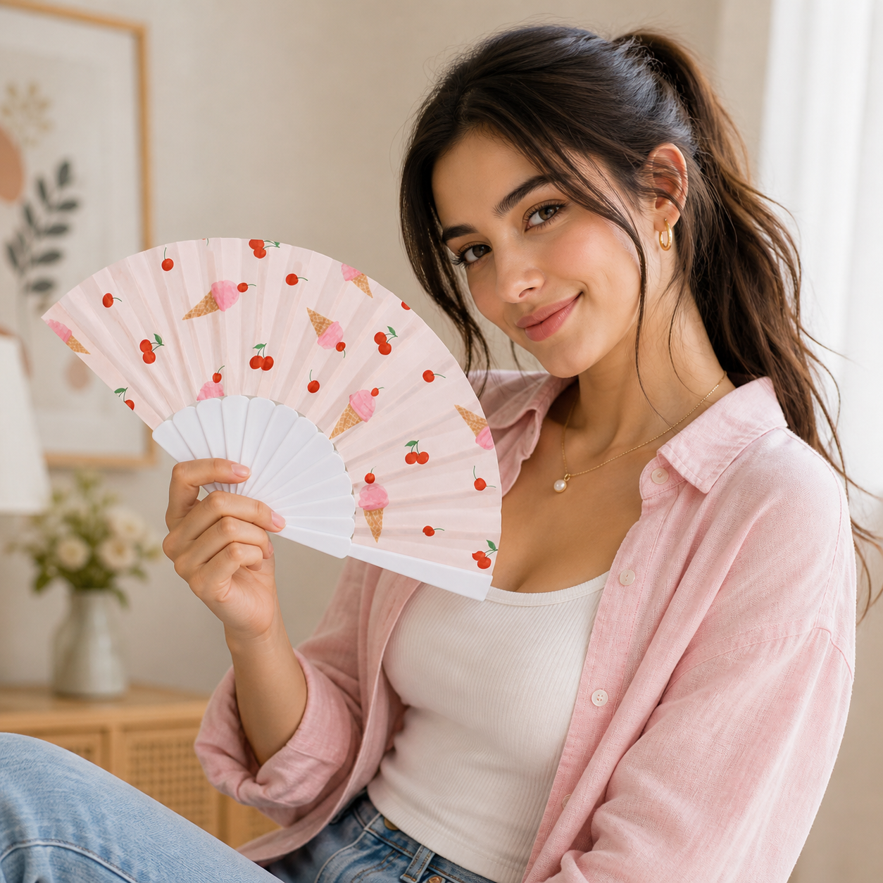 Portable lightweight 7AGAT folding hand fan with cherry blossom design, featuring a handle for travel, party, wedding, and daily use.