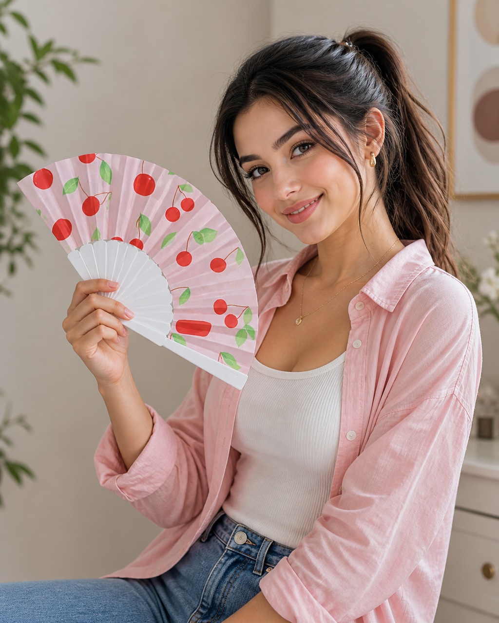 Portable lightweight folding hand fan with cherry design, handle, perfect for parties, weddings, travel, and daily use.