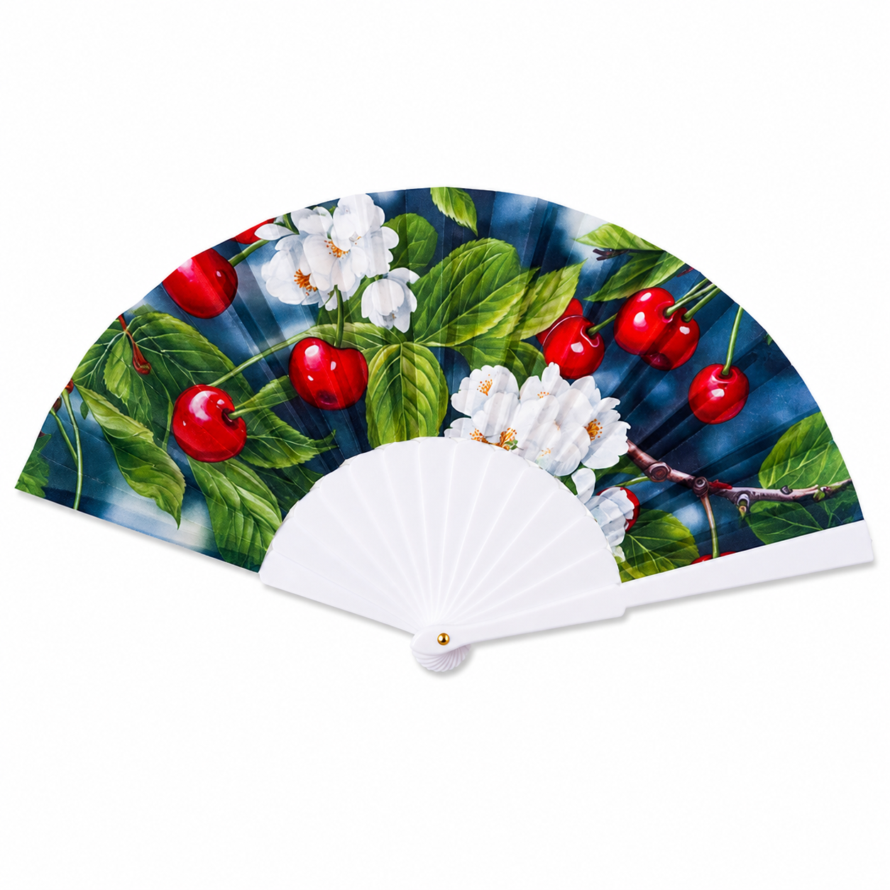 Portable lightweight folding hand fan with cherry blossom design, featuring a handle, ideal for parties, weddings, and travel.