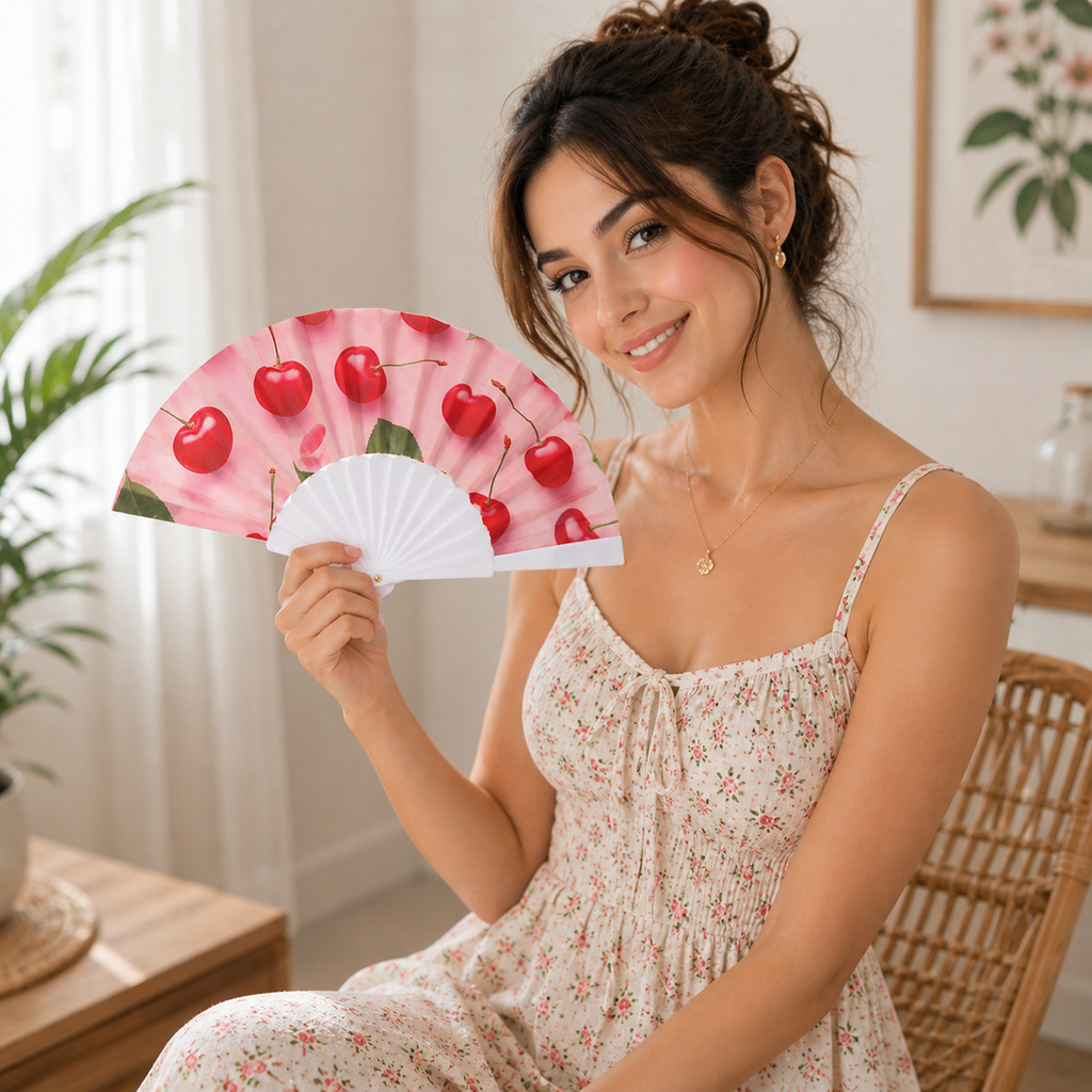Portable lightweight folding hand fan with cherry blossom design, handle, suitable for parties, weddings, travel, and daily use.