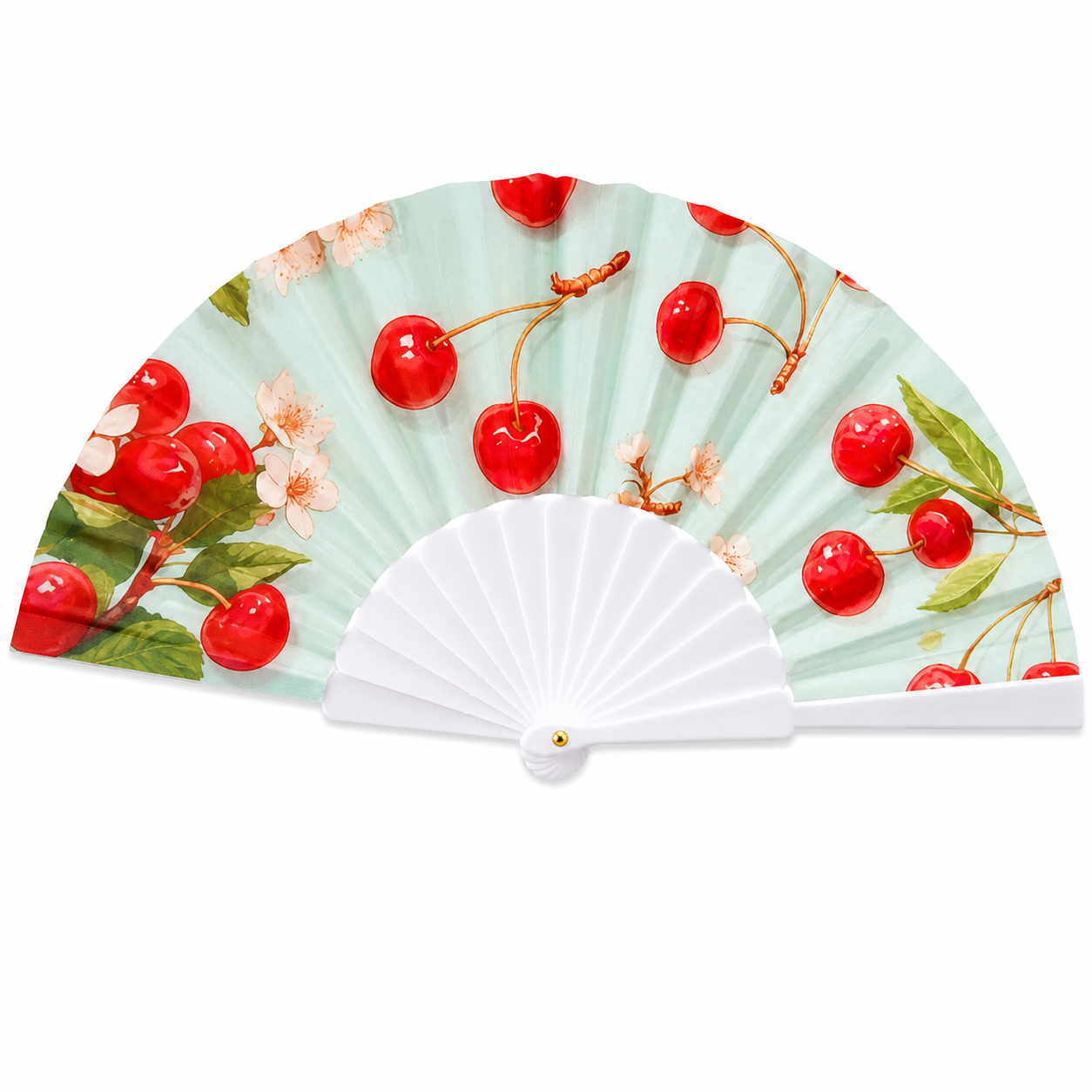 Portable lightweight folding hand fan with cherry blossom design, handle, perfect for parties, weddings, travel, and daily use.