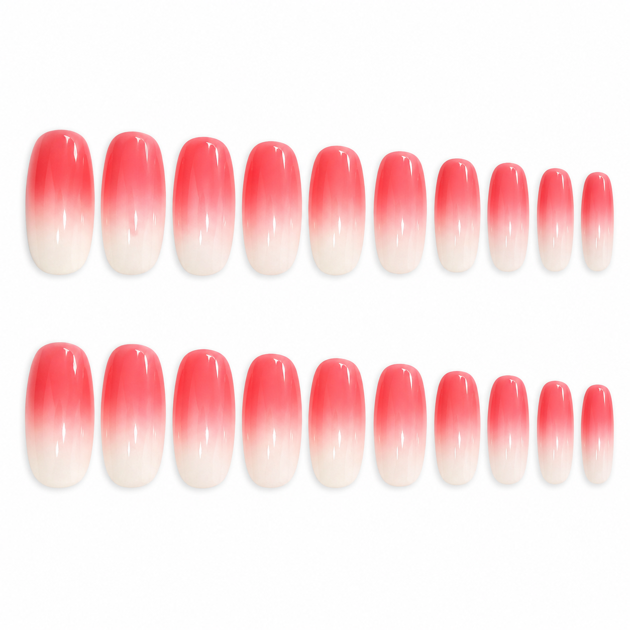 Set of 24 glossy press-on fake nails with natural look, full cover tips in assorted colors, ideal for salon-style manicures.