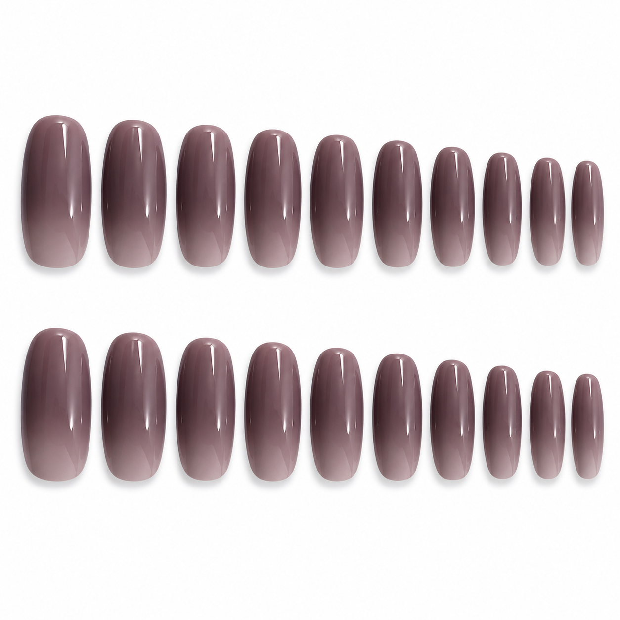 Set of 24 glossy press-on fake nails with natural look and assorted colors, displayed with nail files and buffers for salon-style manicure.