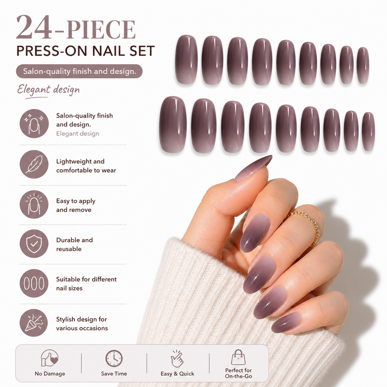 Set of 24 glossy press-on fake nails with natural look, full cover tips in assorted colors, perfect for salon-style manicures.