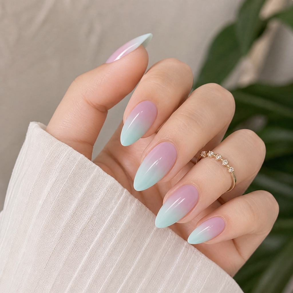 Long ombre press-on nails by 7AGAT with reusable adhesive, shown with nail files and buffers for easy application.