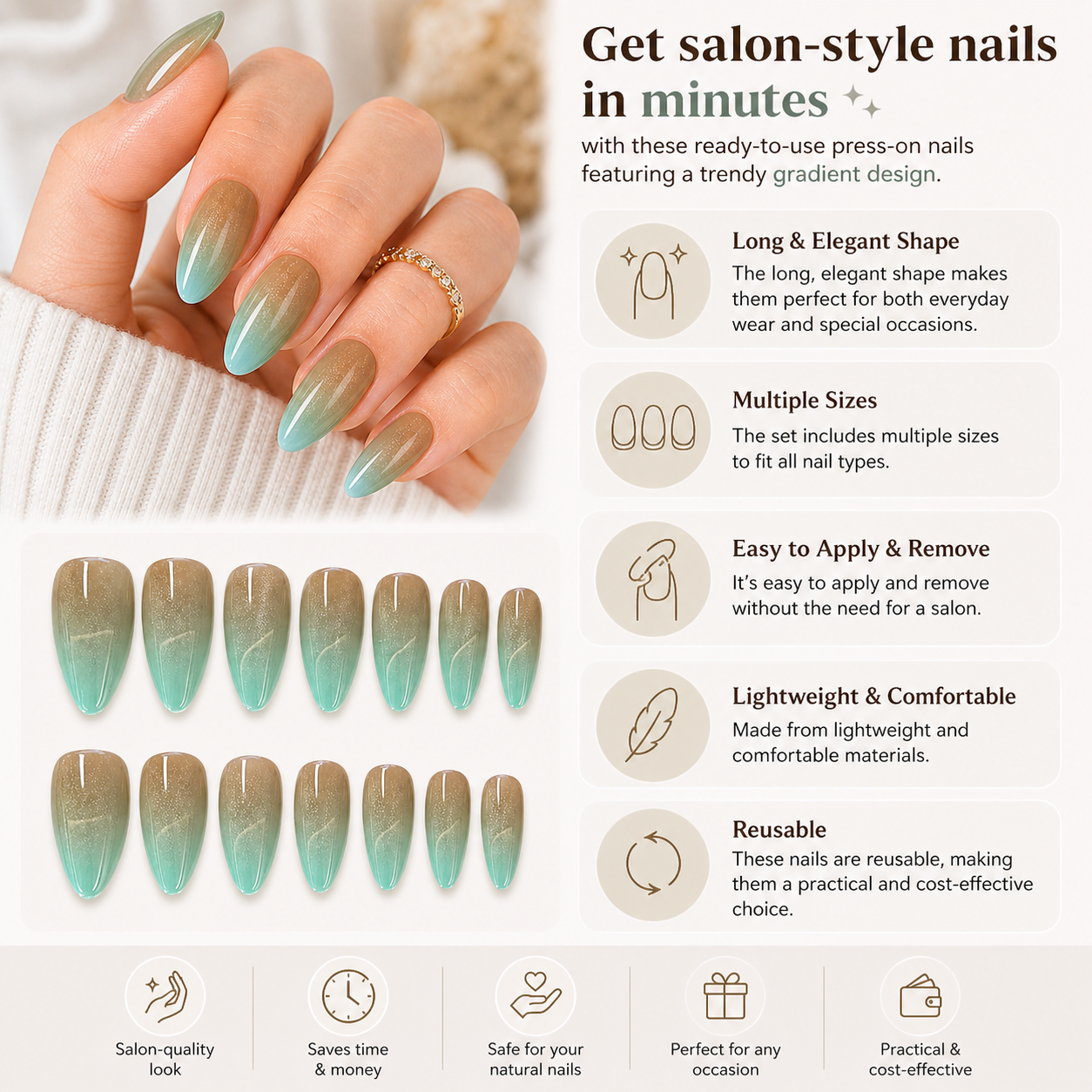 Long ombre press-on nails by 7AGAT, reusable false nails with adhesive, easy to apply, shown with nail file and buffer.