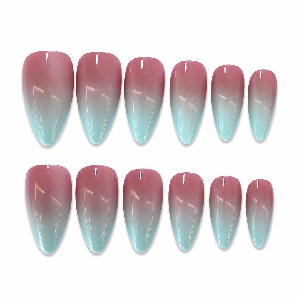 Long ombre press-on nails by 7AGAT with reusable adhesive, shown with nail files and buffers for easy application.