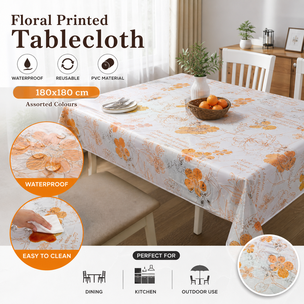 Floral printed waterproof PVC tablecloth by 7AGAT, reusable 180x180 cm for dining, kitchen, and outdoor use.