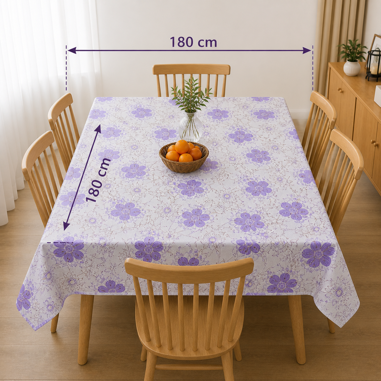 Floral printed waterproof reusable PVC tablecloth, 180x180 cm, in assorted colors, suitable for dining, kitchen, and outdoor use.