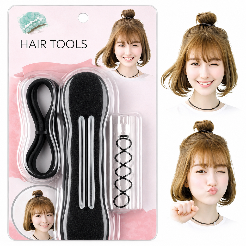 Hair tools packaging with a woman's face on a white background