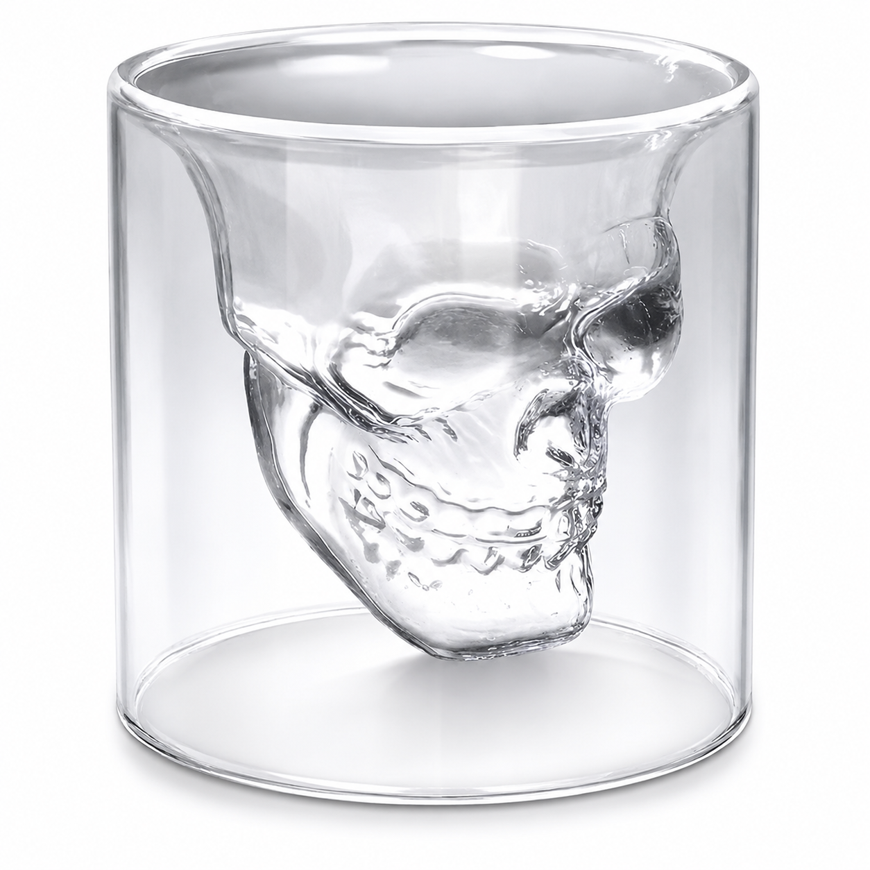 Double wall skull-shaped glass cup by 7AGAT, heat-resistant borosilicate for hot or cold espresso, coffee, or tea drinks.